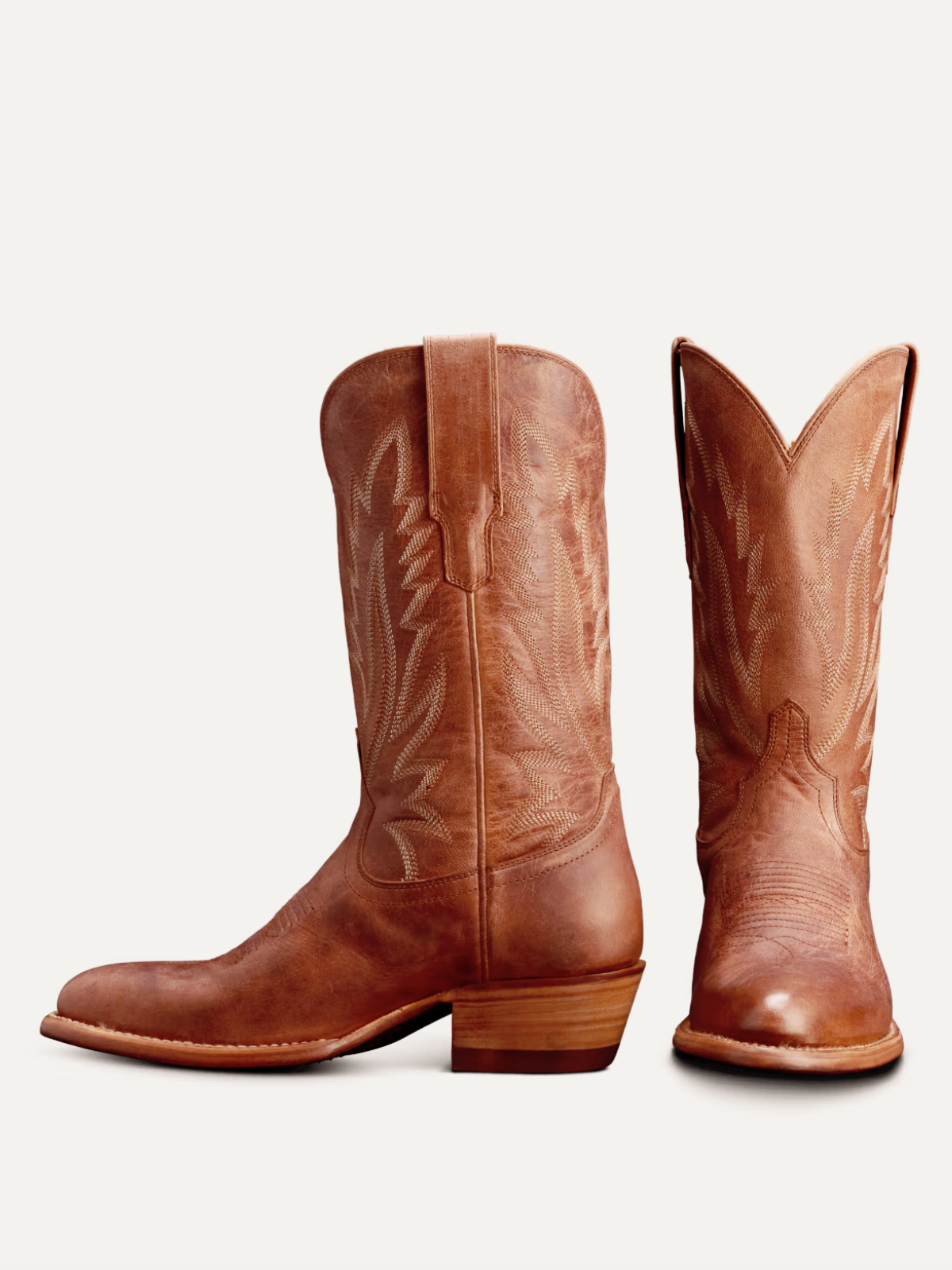 Distressed Light Brown Almond-Toe Embroidery Mid Calf Cowgirl Boots