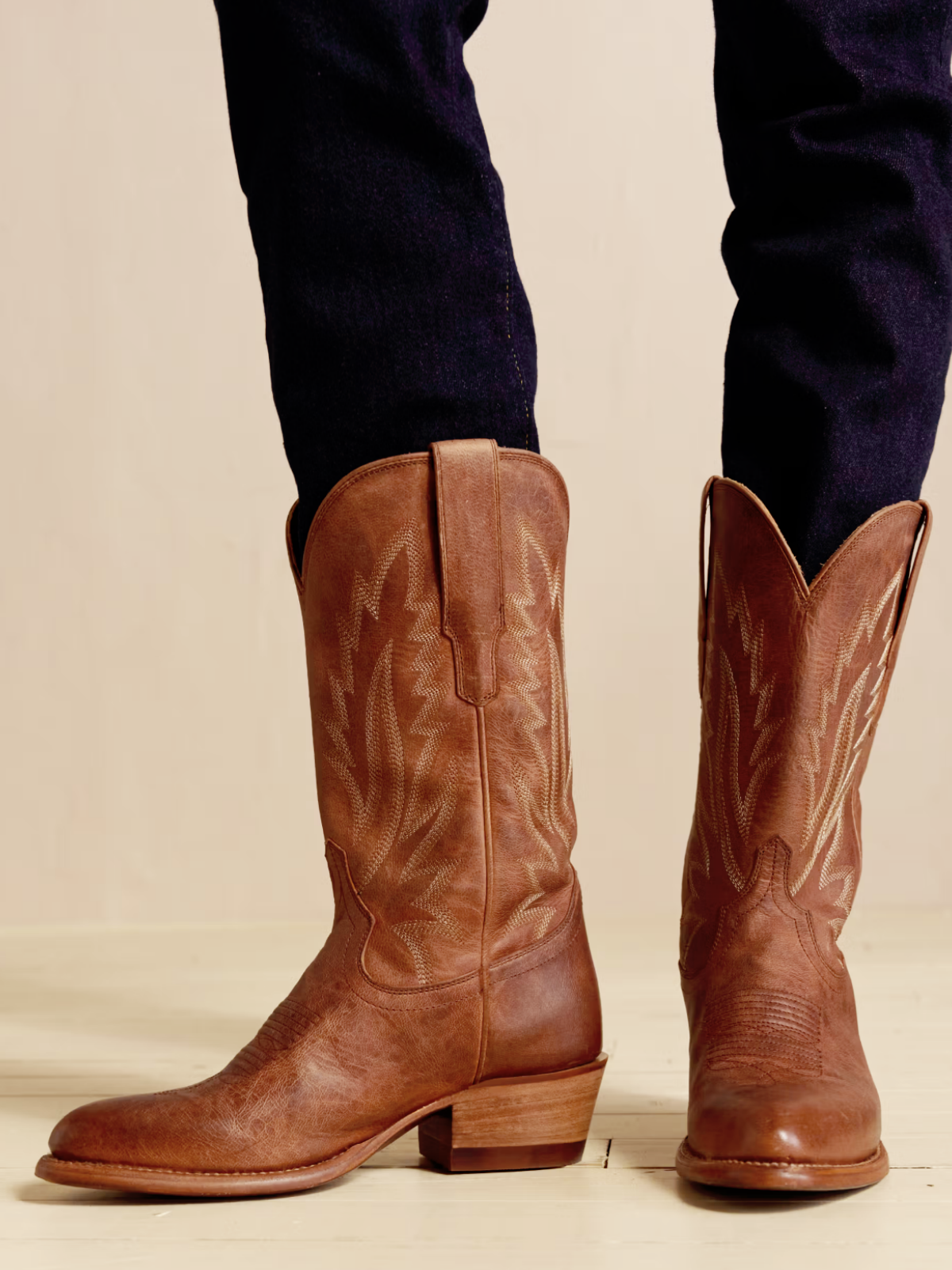 Distressed Light Brown Almond-Toe Embroidery Mid Calf Cowgirl Boots