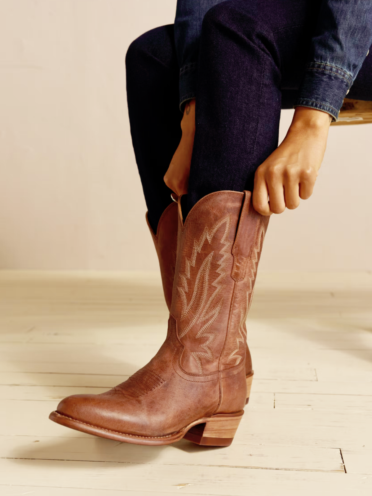 Distressed Light Brown Almond-Toe Embroidery Mid Calf Cowgirl Boots