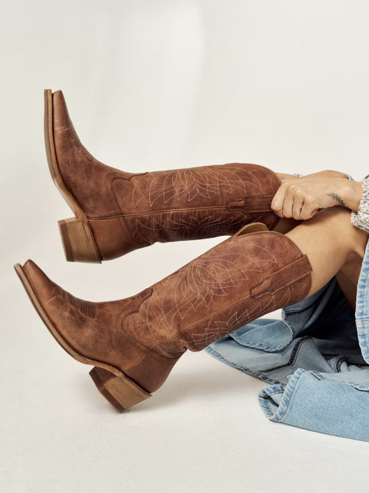 Distressed Brown Snip-Toe Stitch Wide Mid Calf Cowgirl Boots