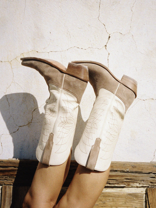 Contrast Sand Faux Suede And Bone Stitch Wide Mid Calf Cowgirl Boots