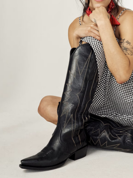 Black Snip-Toe Stitch Wide Calf Knee High Cowgirl Boots