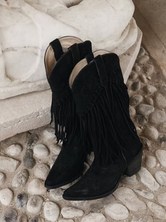 Black Faux Suede Snip-Toe Fringe Wide Mid Calf Cowgirl Boots