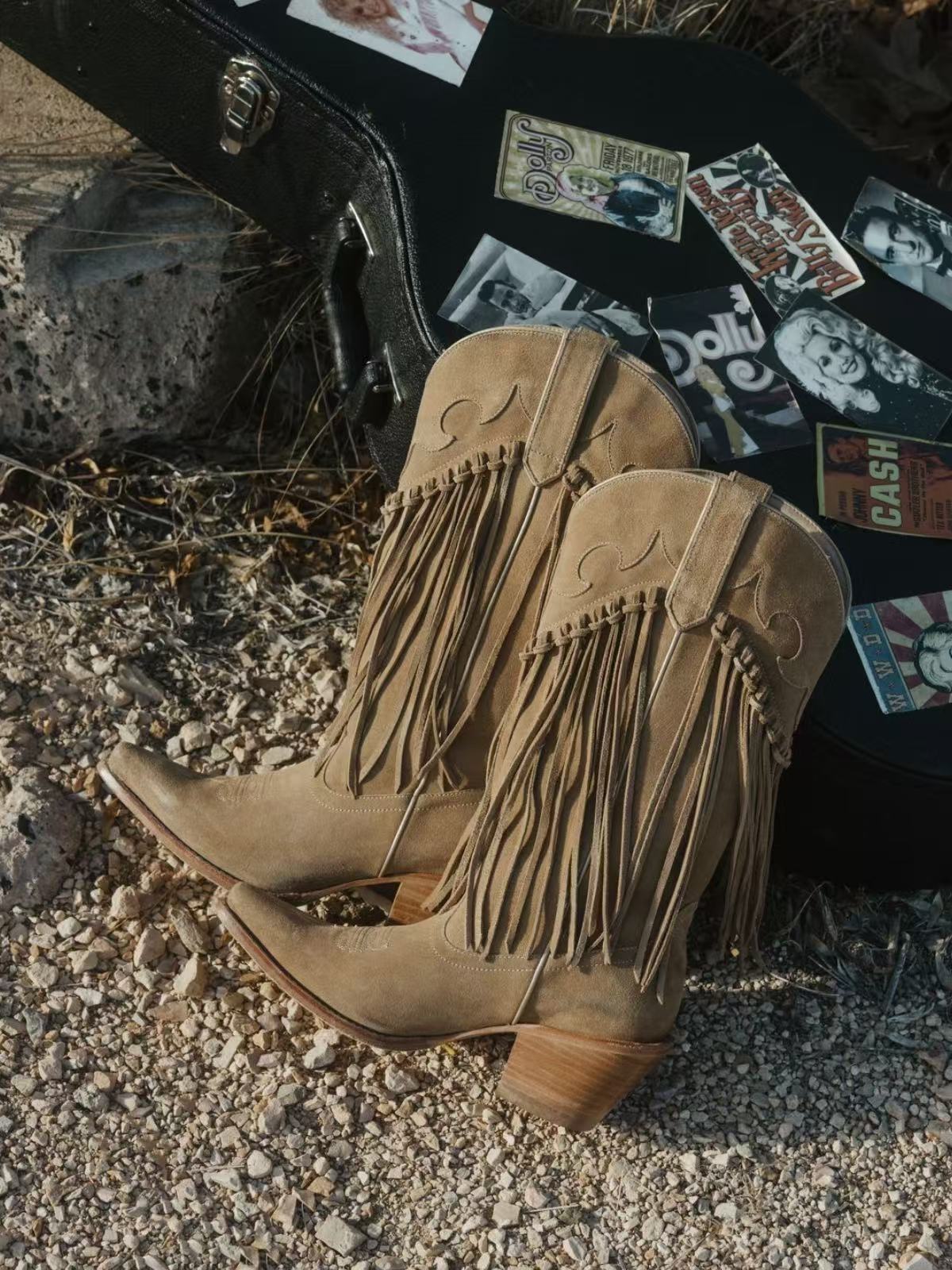 Tan Faux Suede Snip-Toe Fringe Wide Mid Calf Cowgirl Boots