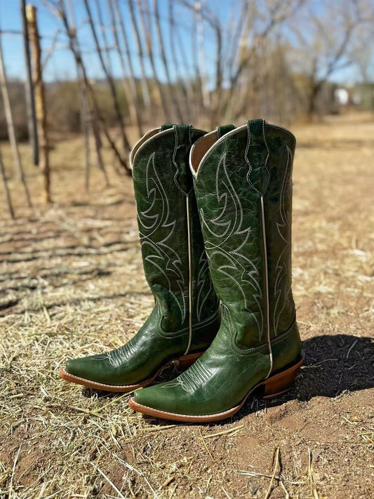 Distressed Green Snip-Toe Embroidery Wide Calf Knee High Cowgirl Boots