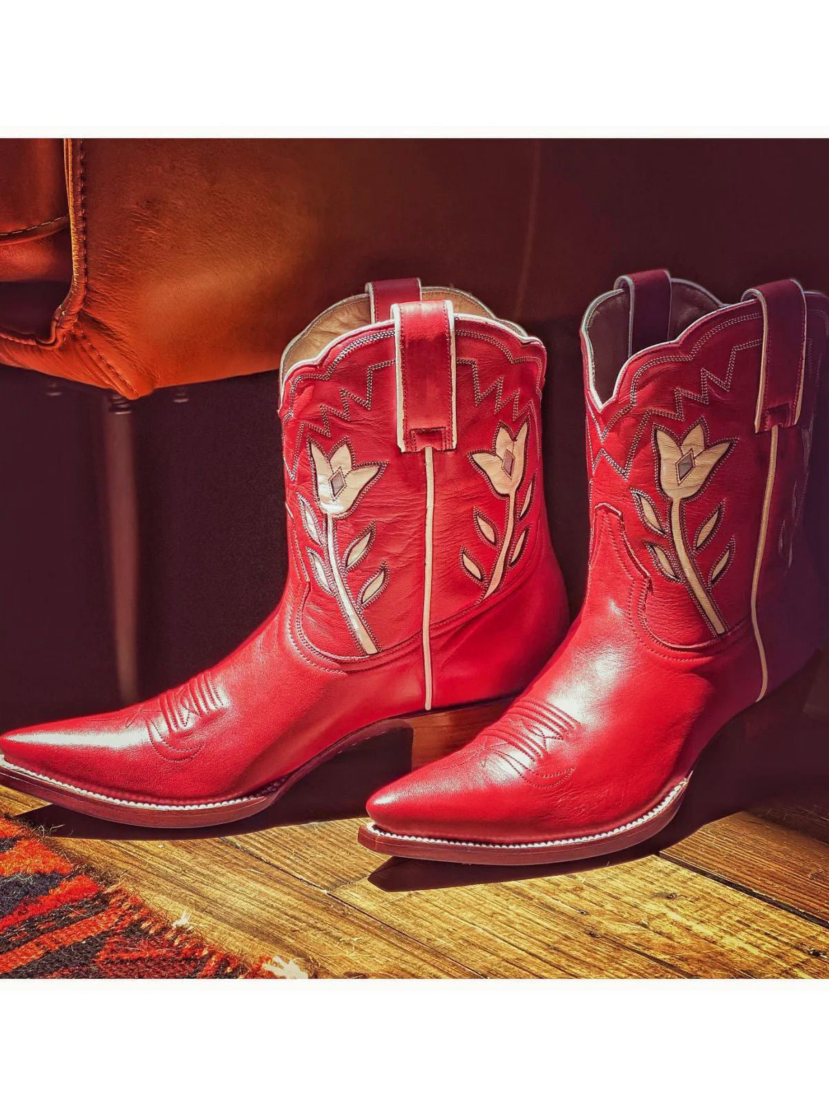 Red Calf Riding Boot Red Pointed-Toe Wide Calf Cowgirl Ankle Boots With White Tulip Inlay ...