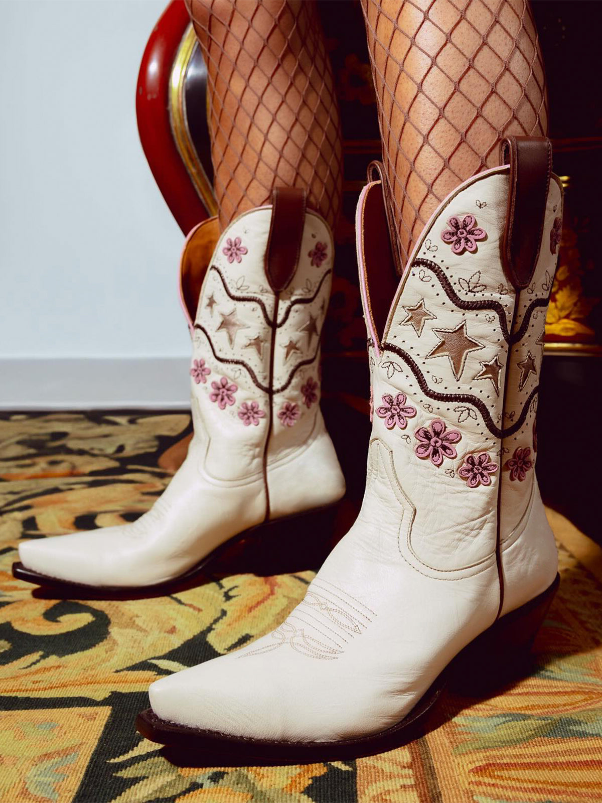 Cream Snip-Toe Metallic Stars Inlay And Flowers Applique Mid Calf Cowgirl Boots