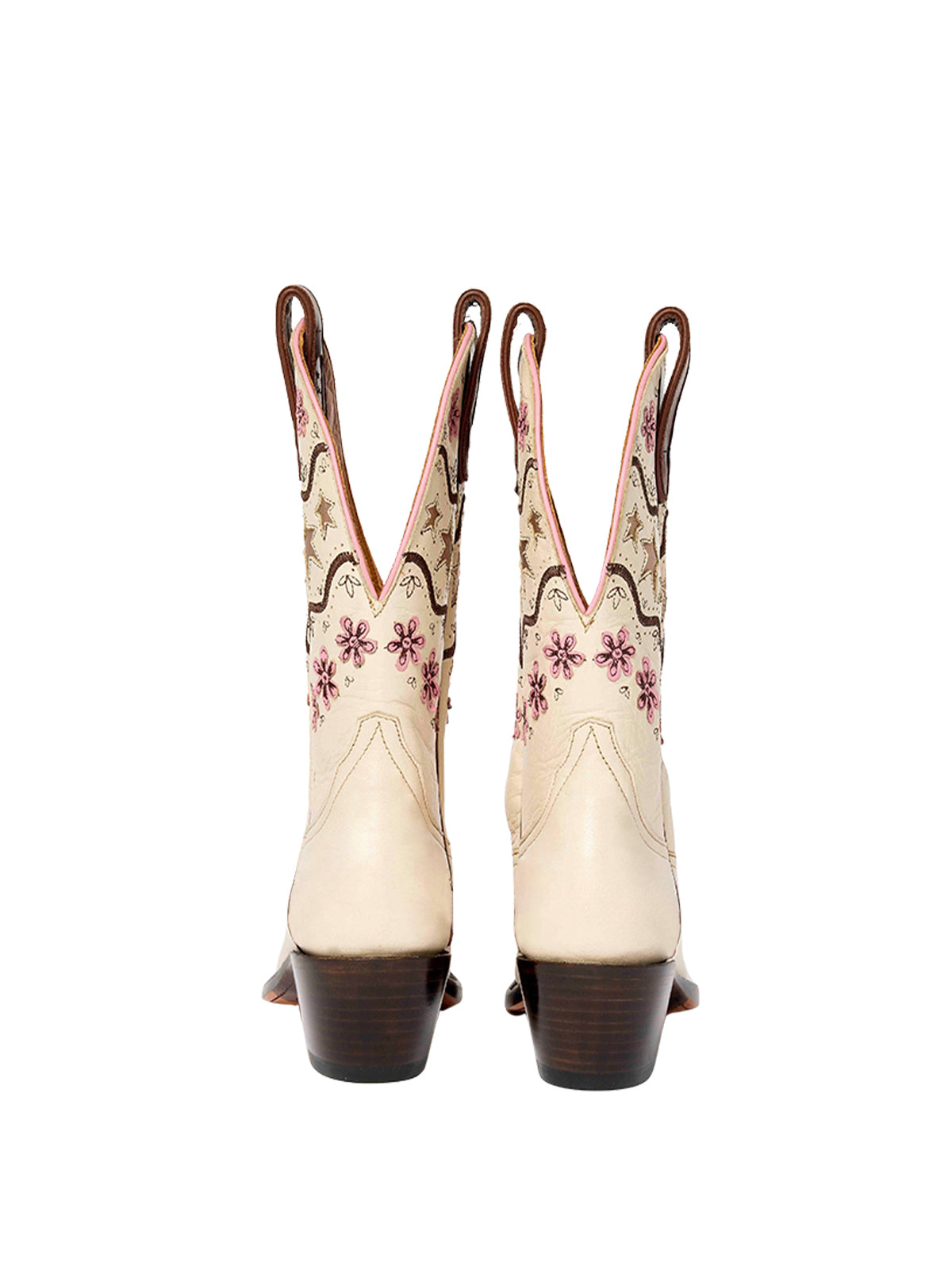 Cream Snip-Toe Metallic Stars Inlay And Flowers Applique Mid Calf Cowgirl Boots