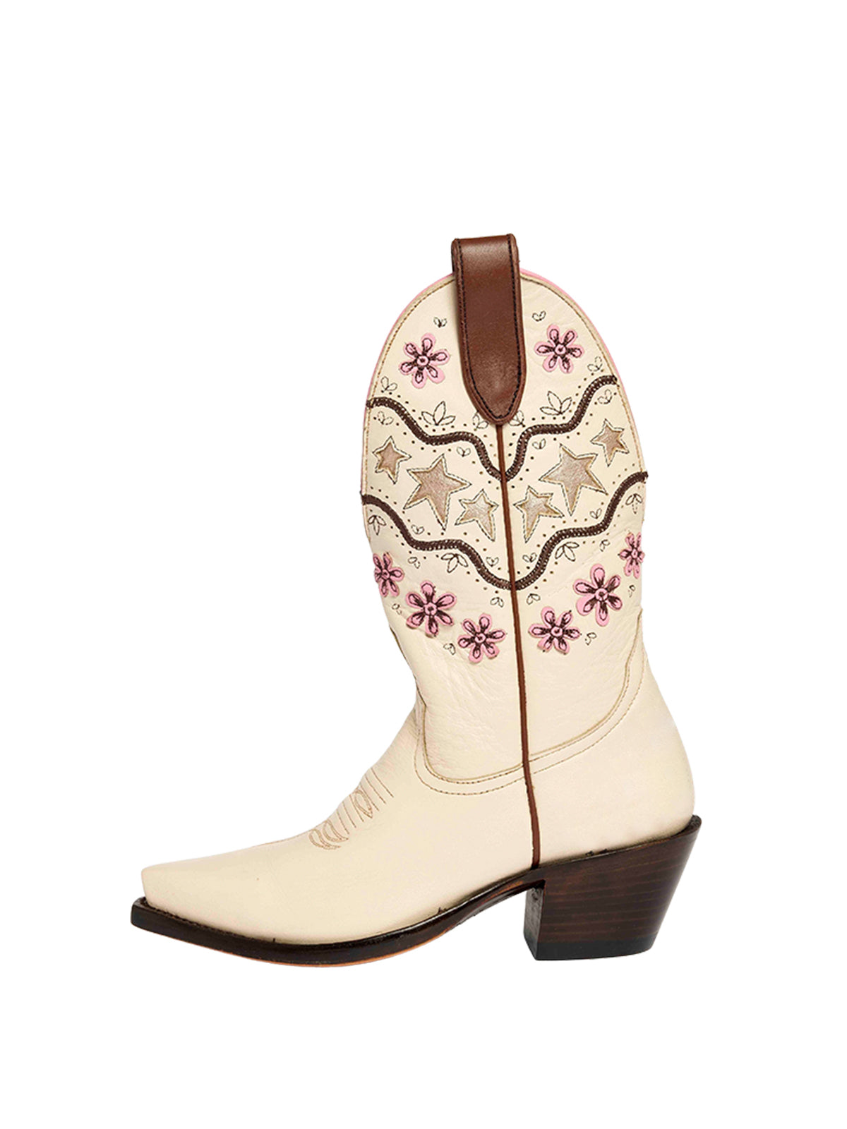 Cream Snip-Toe Metallic Stars Inlay And Flowers Applique Mid Calf Cowgirl Boots