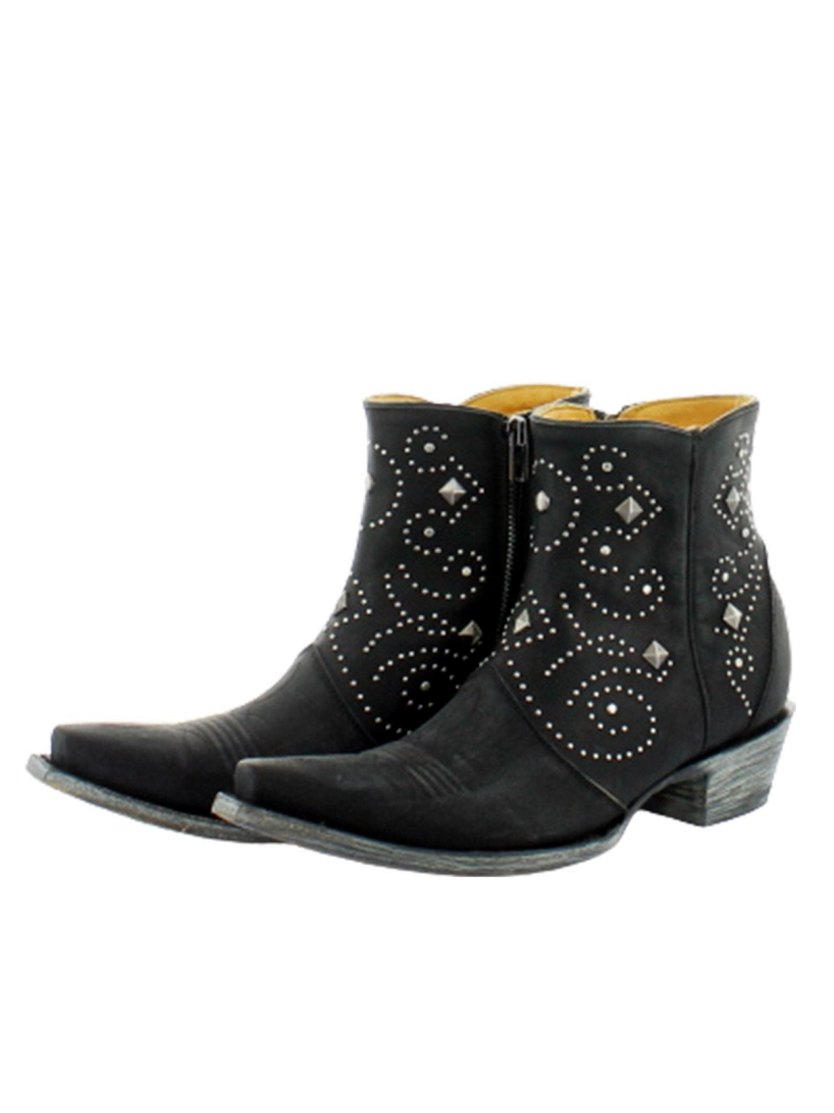 Black Snip-Toe Studded Full-Zip Short Mid Calf Cowgirl Boots