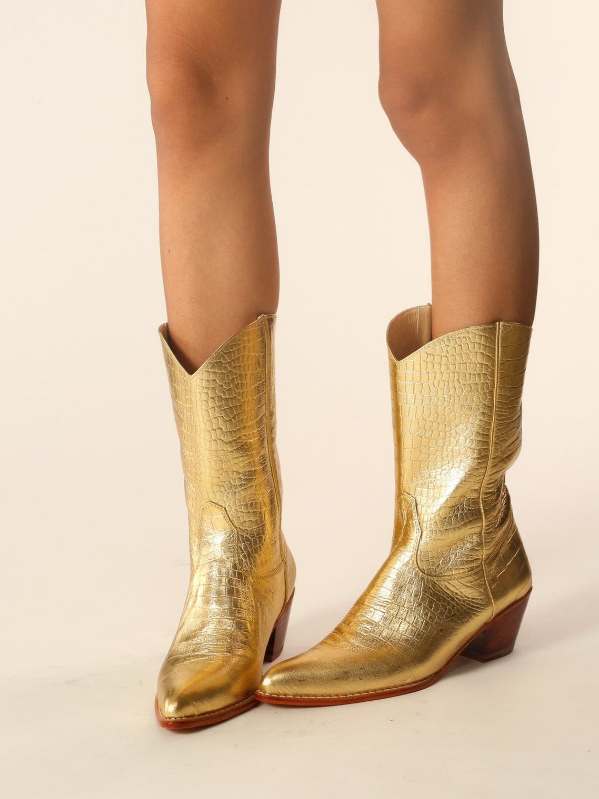 Metallic Gold Crocodile-Embossed Almond-Toe Back-Zip Mid Calf Cowgirl Boots