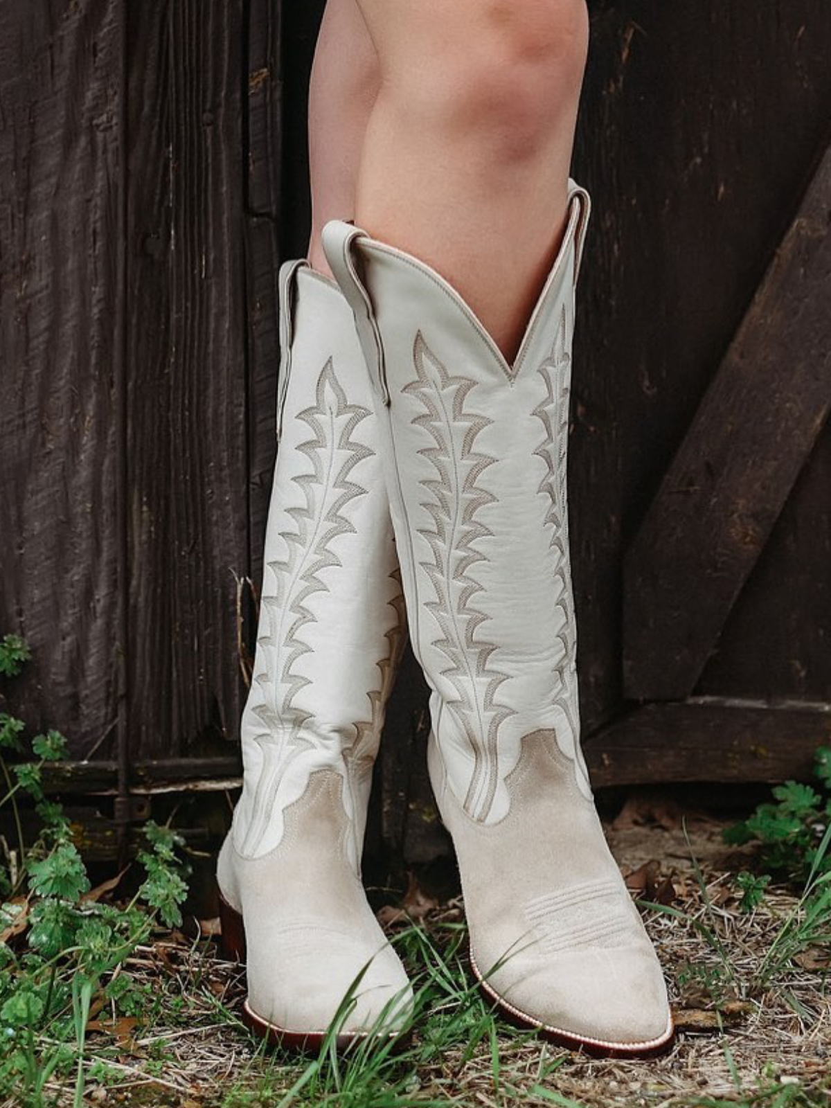 Contrast Tan Faux Suede And Bone Embroidery Almond-Toe Wide Mid Calf Tall Cowgirl Boots