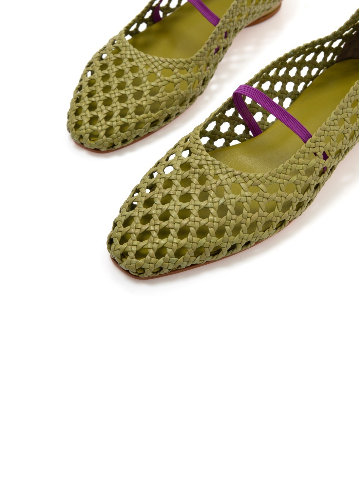 Woven Hollow-Out Square-Toe Ballet Flats Mary Janes In Olive Green