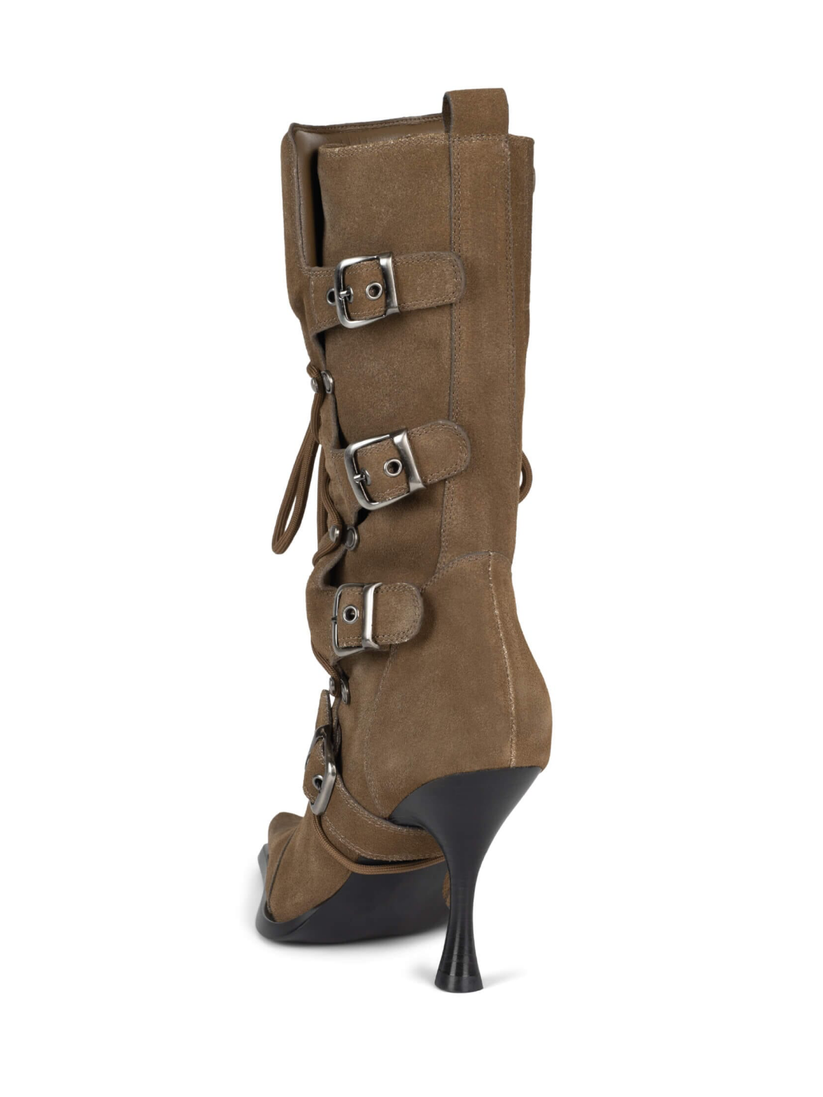 Dark Khaki Full-Zip Lace-Up Mid Calf Moto-Inspired Stiletto Boots With Buckles