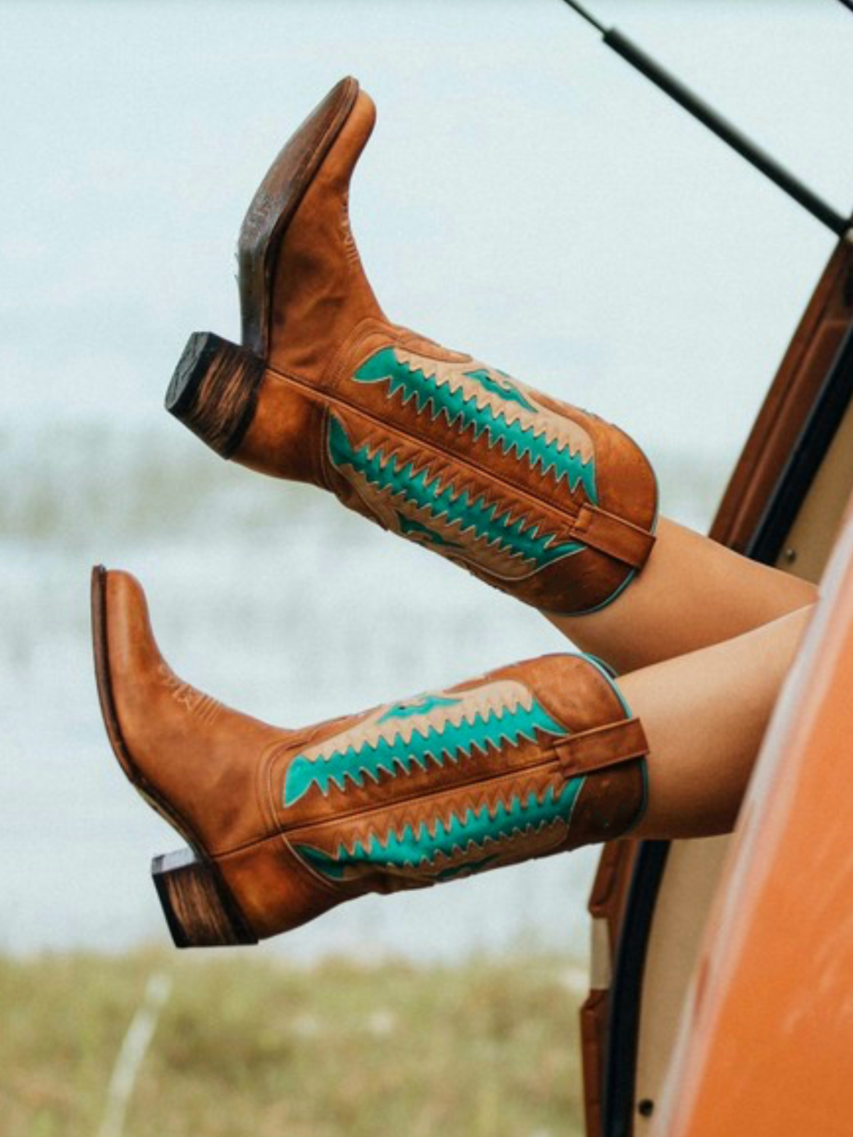 Brown Almond-Toe Wide Mid Calf Cowgirl Boots With Thunderbird Heart Inlay