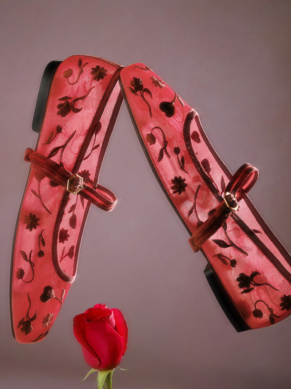 Mesh And Satin Square-Toe Floral Embroidery Mary Jane Flats - Red
