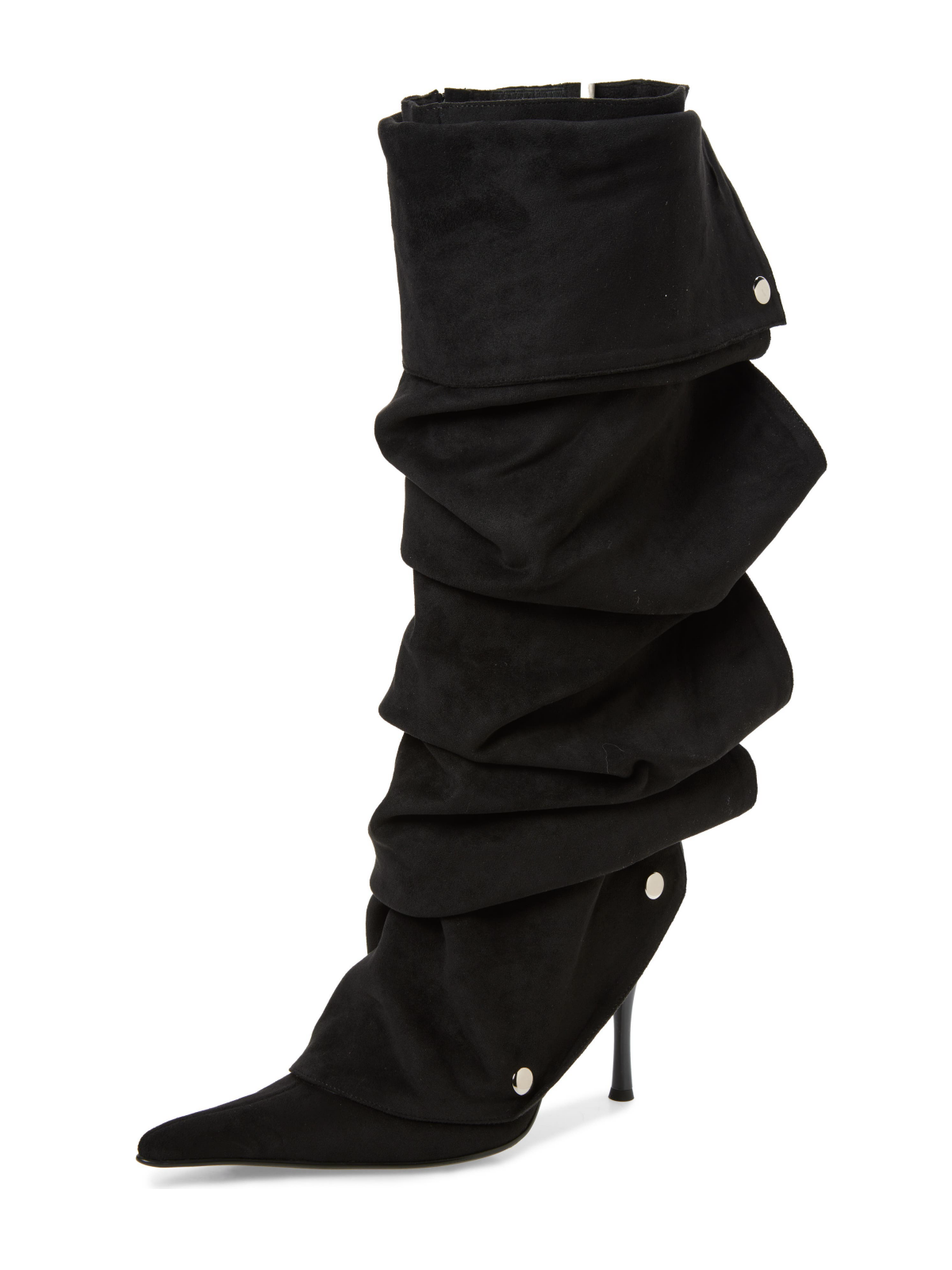 Black Faux Suede Pointed-Toe Studded Superslouchy Wide Calf Stiletto Boots