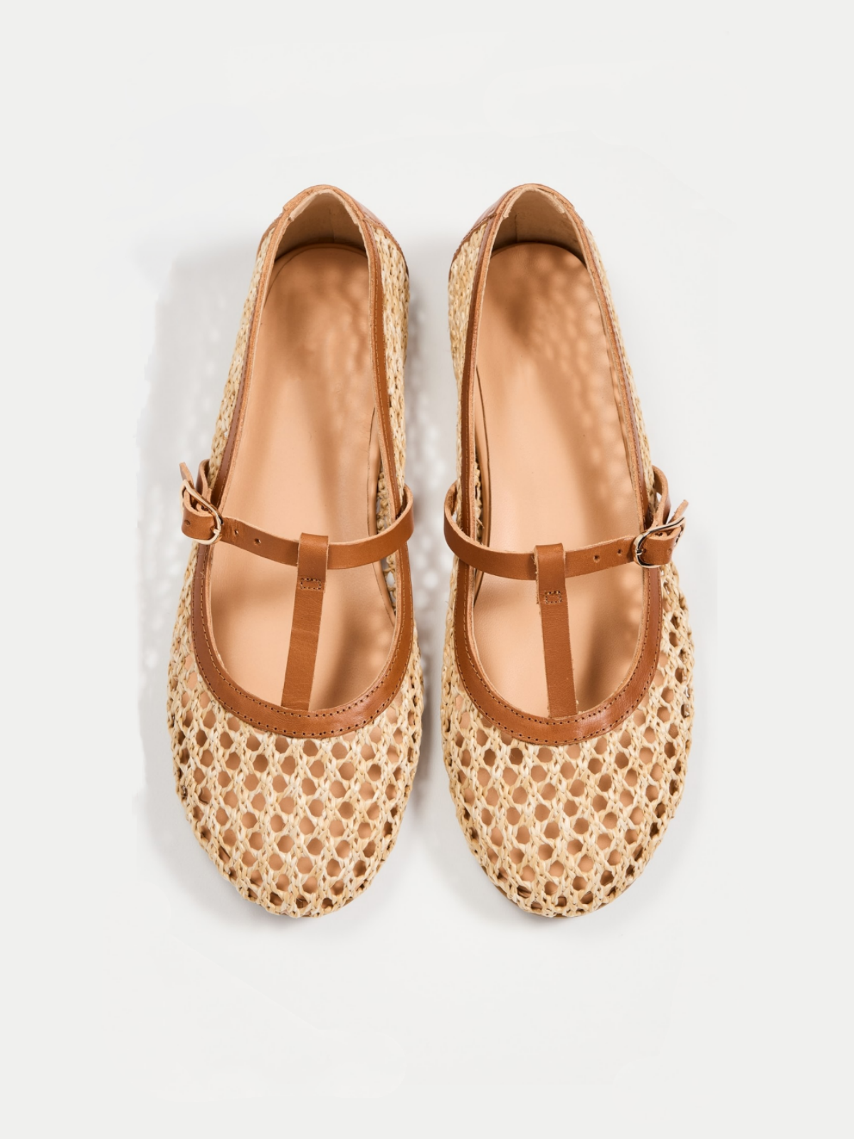 Beige Crochet Raffia Woven Ballet Flats With Brown Buckled T-Strap