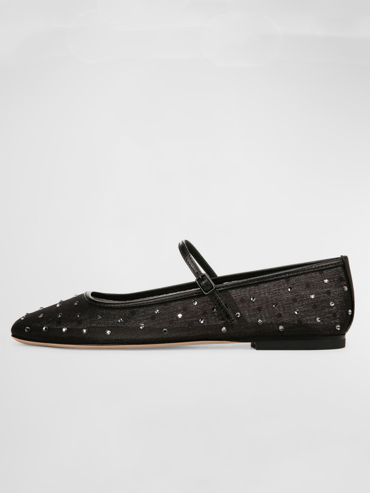 Black Rhinestone-Embellished Square-Toe Mesh Ballet Flats Mary Janes