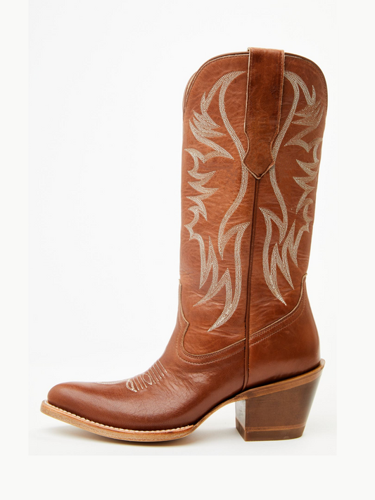 Vegan Leather Wings Embroidery Pointed-Toe Wide Mid Calf Tall Cowgirl Boots - Brown