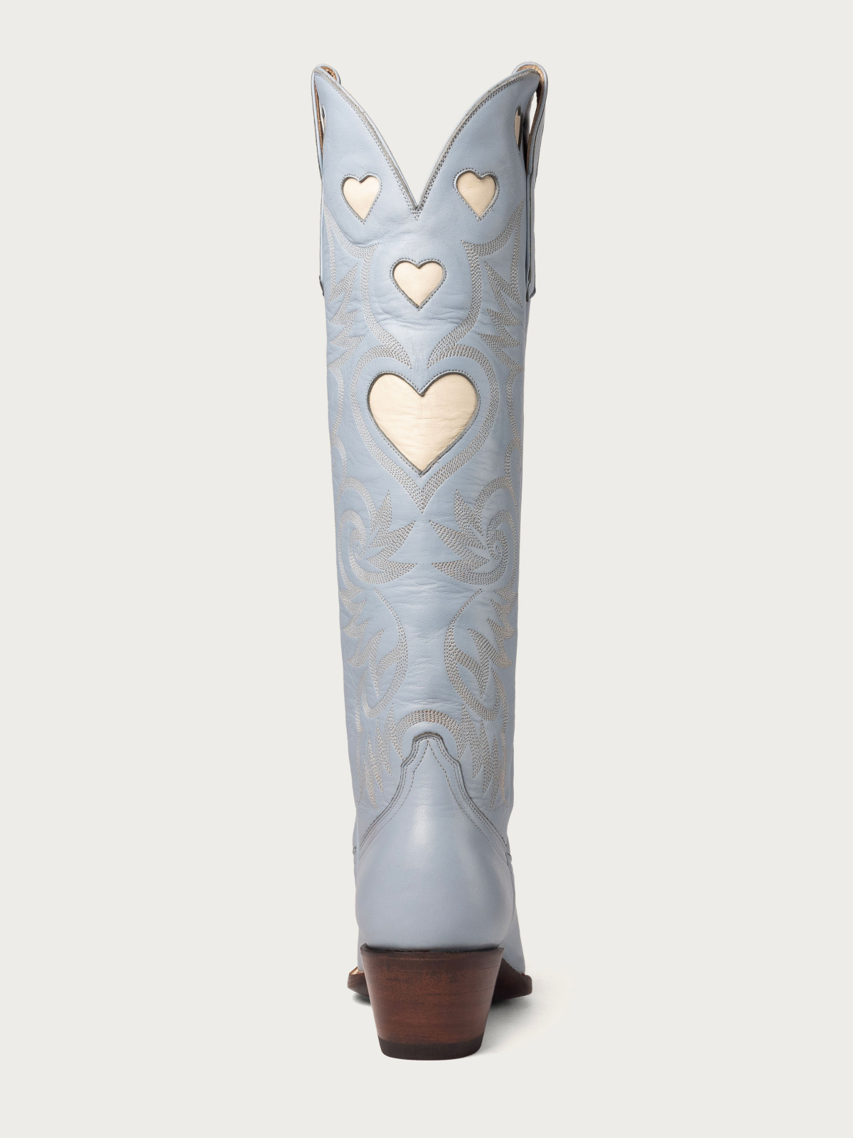 Ivory Heart Inlay Embroidery Almond-Toe Tall Wide Mid Calf Cowgirl Boots - Powder Blue