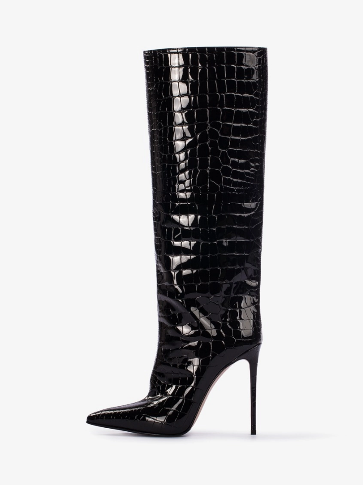 Black Stone-Textured Patent Leather Pointed-Toe Wide Mid Calf Stiletto Boots