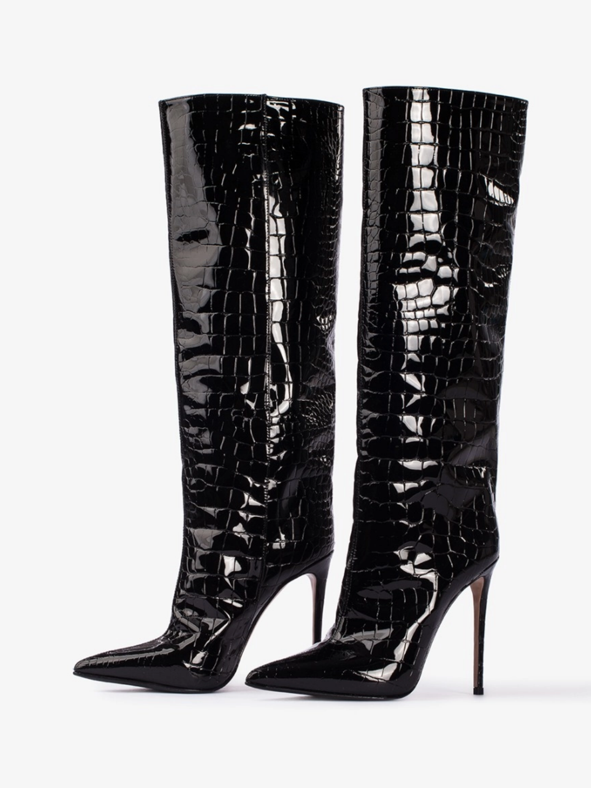 Black Stone-Textured Patent Leather Pointed-Toe Wide Mid Calf Stiletto Boots