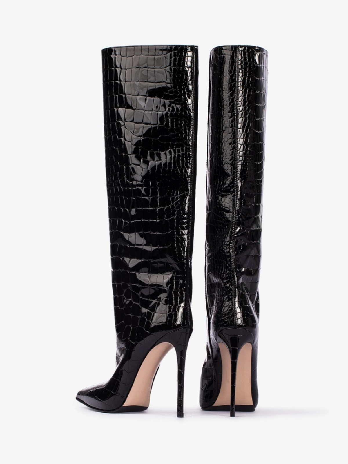 Black Stone-Textured Patent Leather Pointed-Toe Wide Mid Calf Stiletto Boots