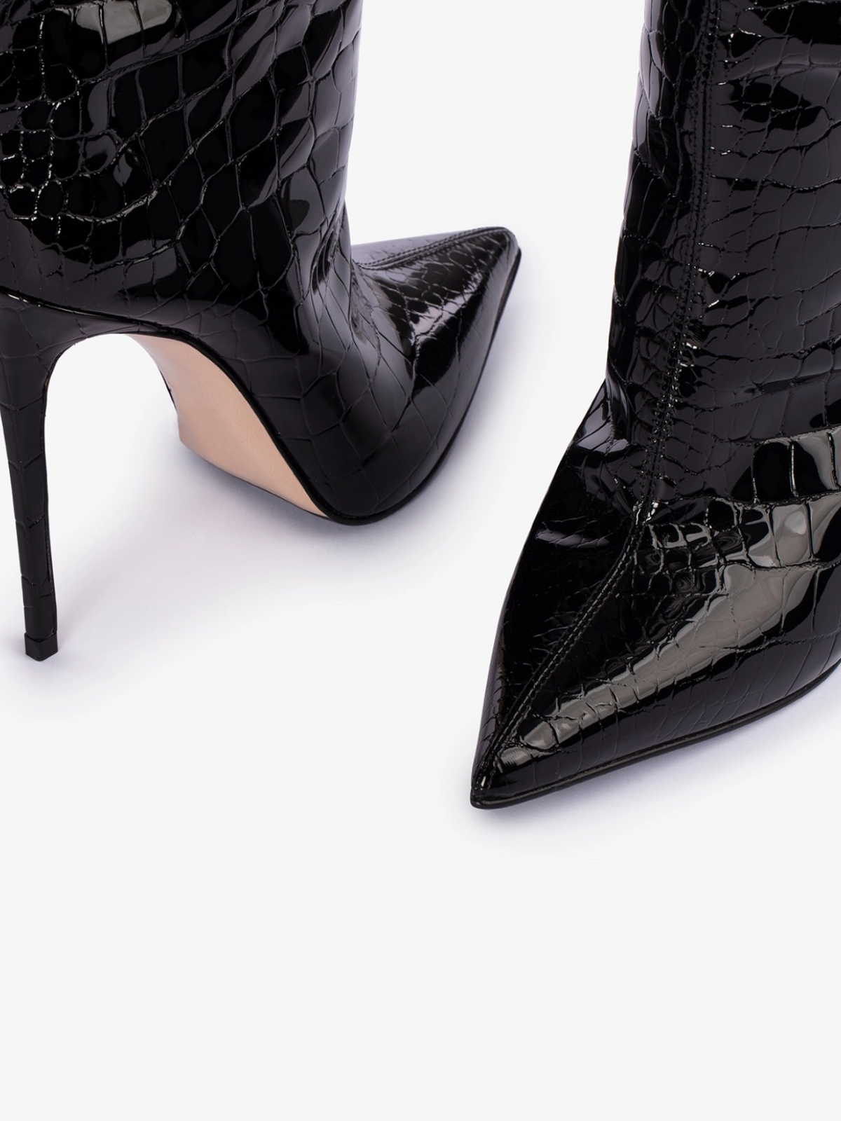 Black Stone-Textured Patent Leather Pointed-Toe Wide Mid Calf Stiletto Boots