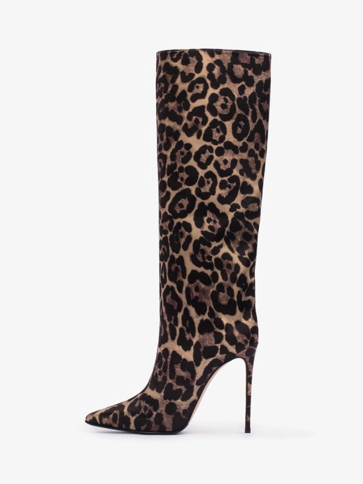 Leopard Cloth Pointed-Toe Wide Mid Calf Stiletto Boots