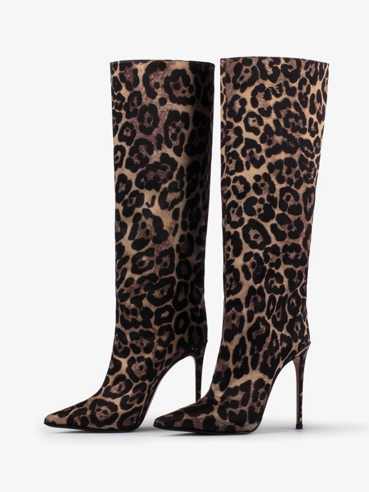 Leopard Cloth Pointed-Toe Wide Mid Calf Stiletto Boots