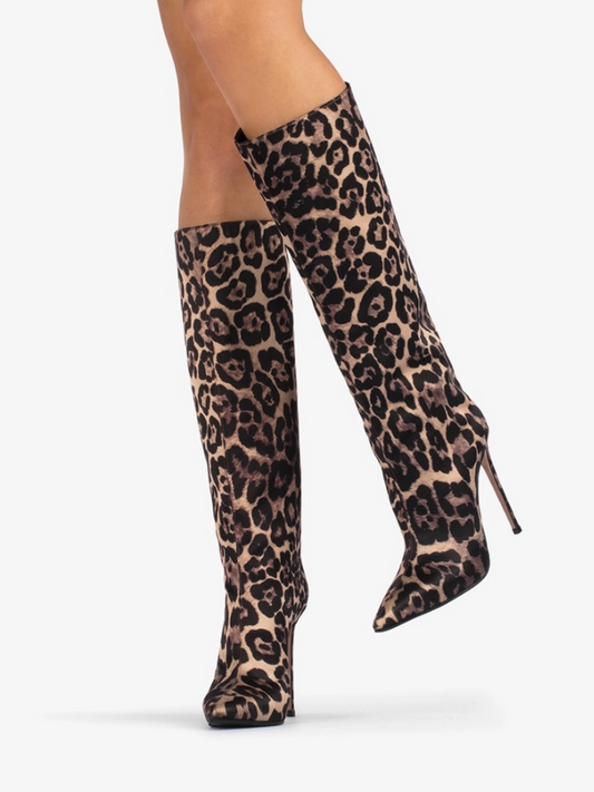 Leopard Cloth Pointed-Toe Wide Mid Calf Stiletto Boots