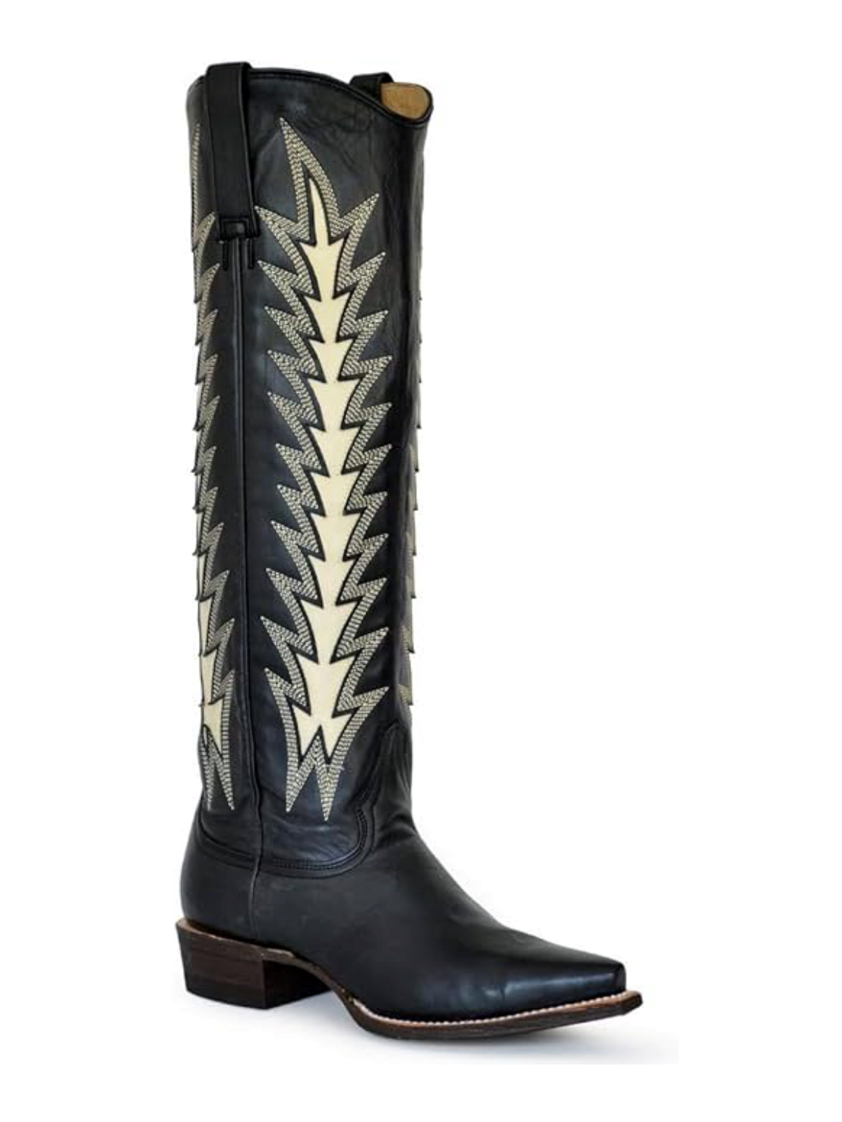 Black Snip-Toe Flame Inlay Embroidery Wide Calf Tall Knee High Cowgirl Boots