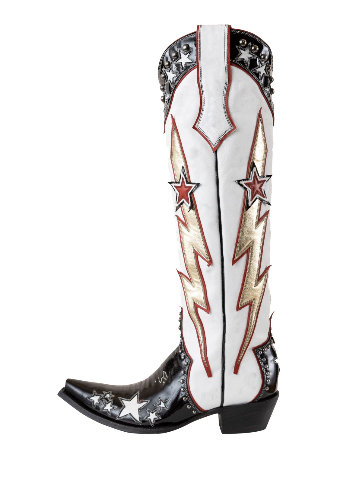 Contrast Black Patent And White Studded Star Lightning Wide Calf Knee High Tall Cowgirl Boots