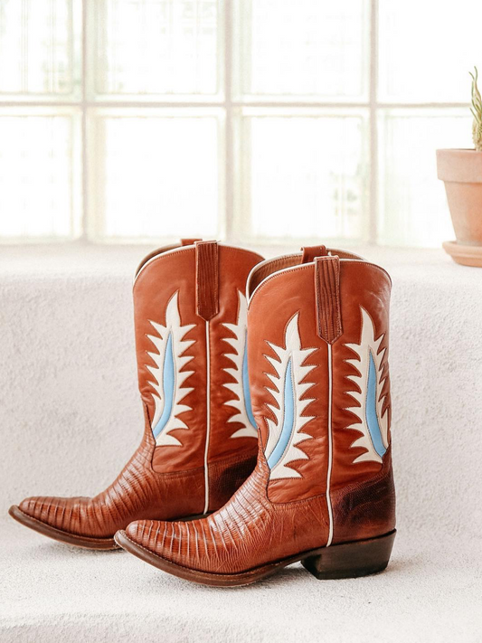 Brown Contrast Vegan Leather And Lizard Print Snip-Toe Classic Inlay Wide Mid Calf Cowgirl Boots