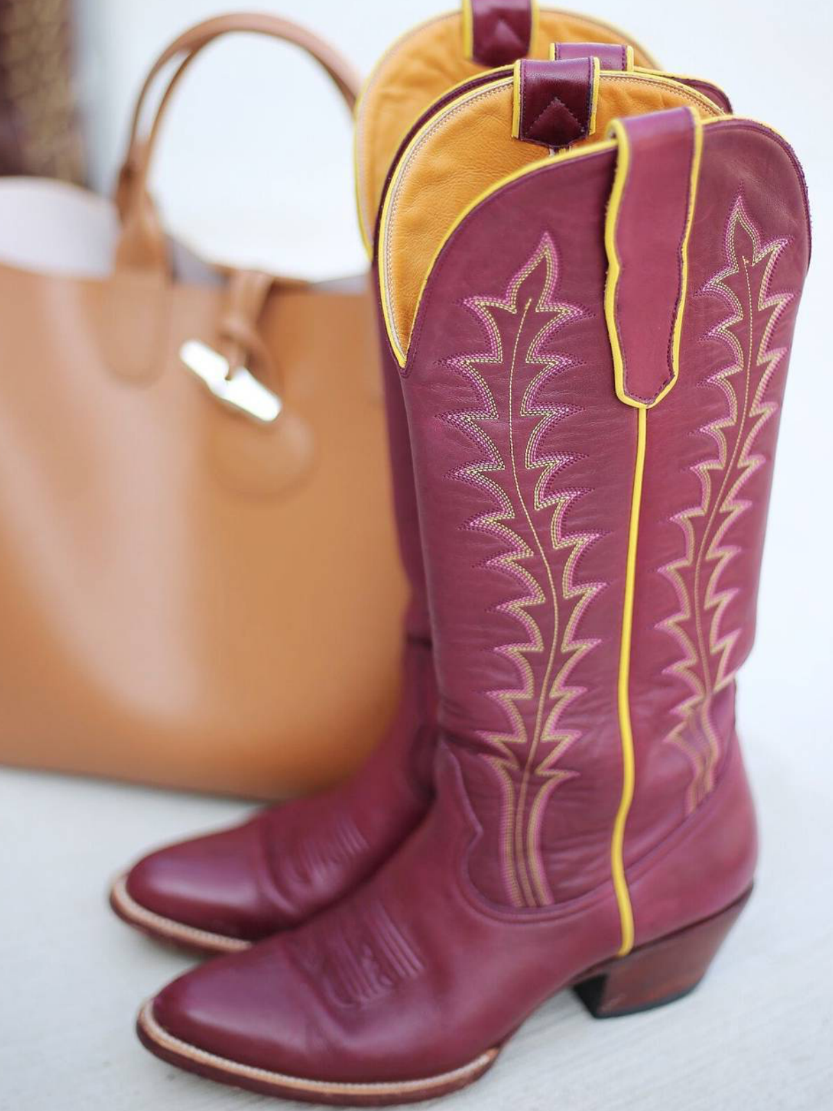 Brick Red Vegan Leather Embroidery Almond-Toe Wide Mid Calf Tall Cowgirl Boots