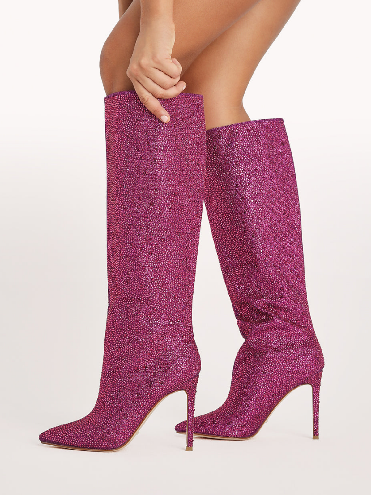 Metallic Fuchsia Pointed-Toe Rhinestone Wide Mid Calf Stiletto Boots