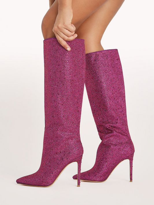 Metallic Fuchsia Pointed-Toe Rhinestone Wide Mid Calf Stiletto Boots