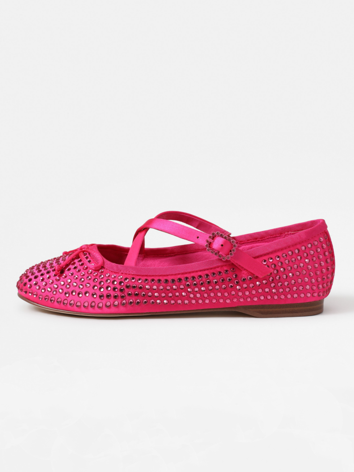 Hot Pink Sparkle Rhinestone Bow Strass Satin Ballerina Flats With Crossed Buckled Strap