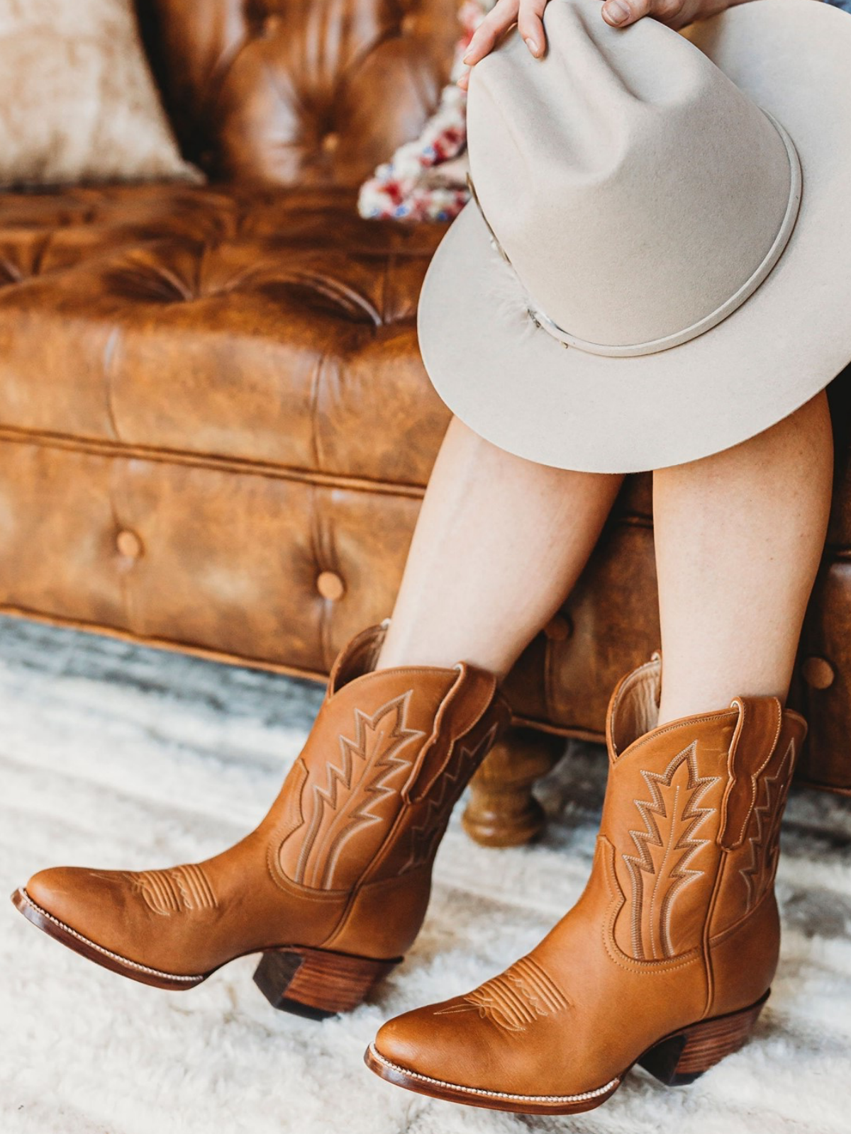 Brown Almond-Toe Embroidery Wide Mid Calf Western Boots For Women