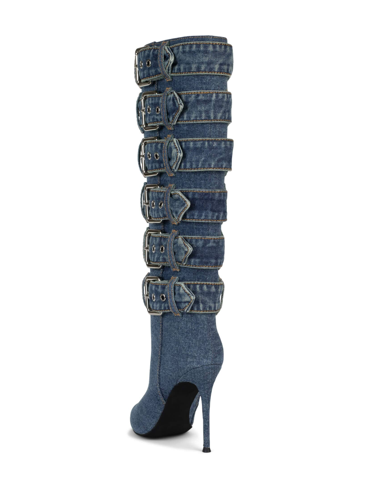 Blue Denim Pointed-Toe Mid Calf Full-Zip Stiletto Boots With Buckles