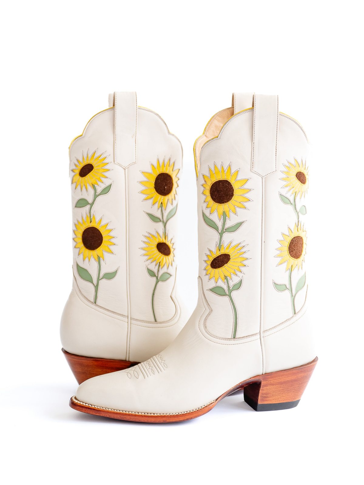 Ivory Faux Suede Sunflower Inlay Almond-Toe Wide Mid Calf Cowgirl Boots