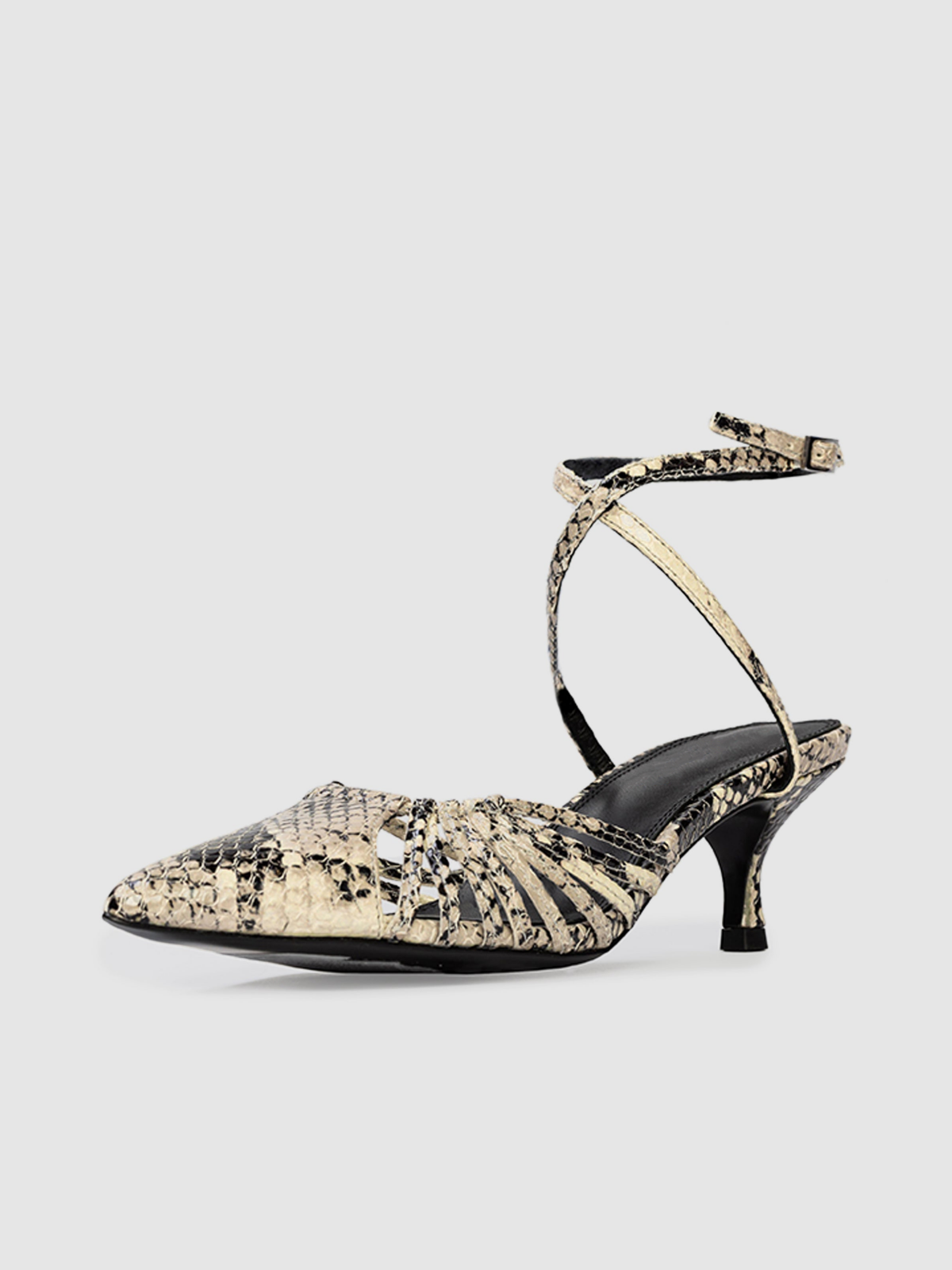 Peyote Snakeskin Pointed-Toe Strappy Pump Ankle Strap Kitten Heels