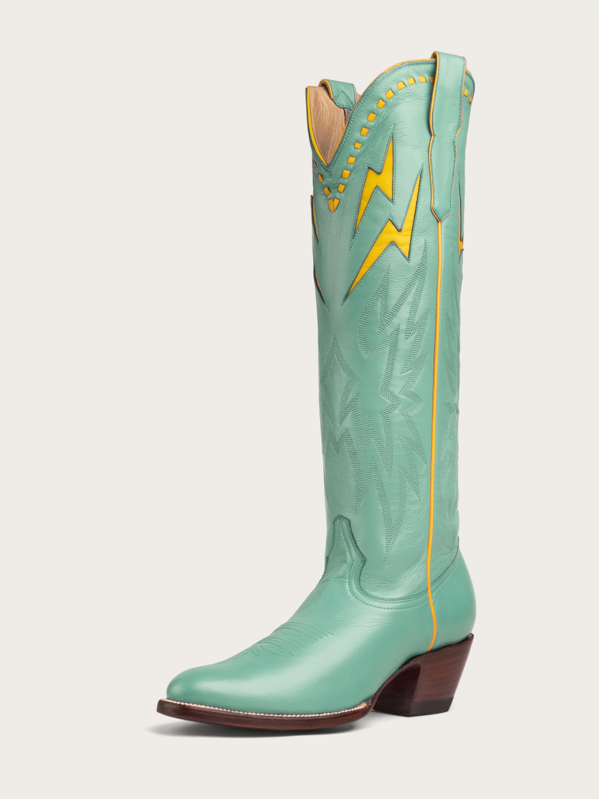 Yellow Lightning Inlay Stitch Embroidery Almond-Toe Wide Mid Calf Tall Cowgirl Boots - Green