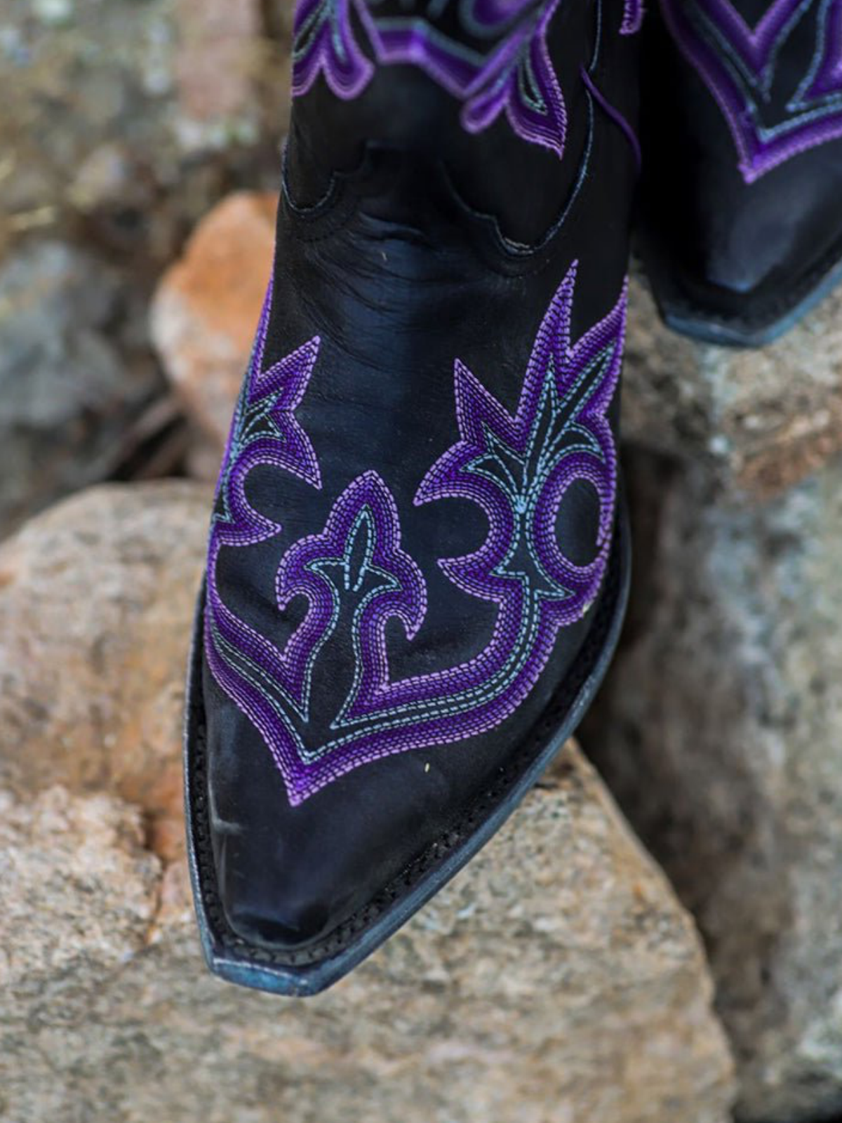 Black Embroidery Tall Wide Mid Calf Cowgirl Boots For Women