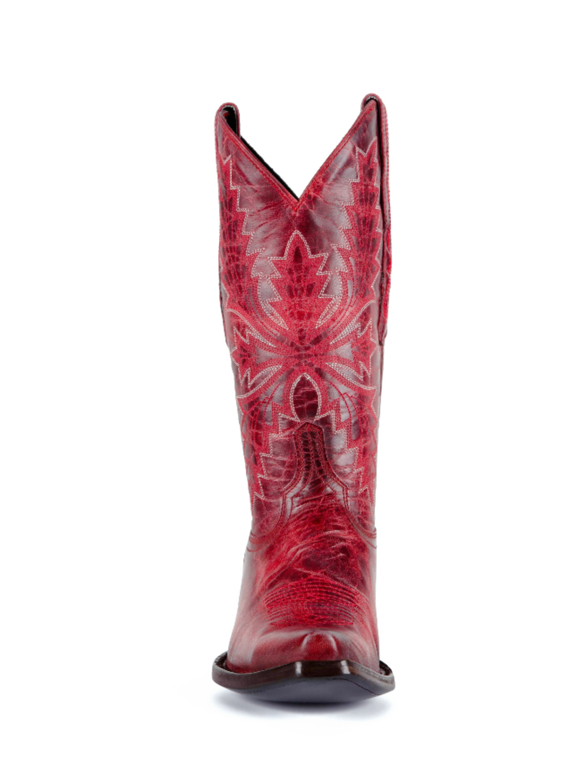 Distressed Leaf Embroidery Snip-Toe Wide Mid Calf Tall Cowgirl Boots - Red