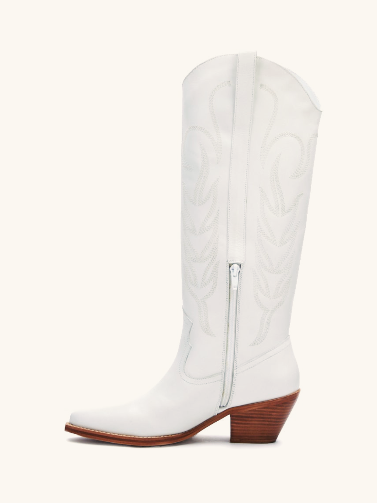 White Embroidery Half Zip Pointed-Toe Cowgirl Boots Mid Calf Western Tall Boots