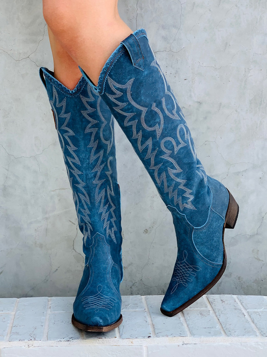 Snip-Toe Classic Embroidery Half-Zip Knee High Tall Cowgirl Boots - Blue