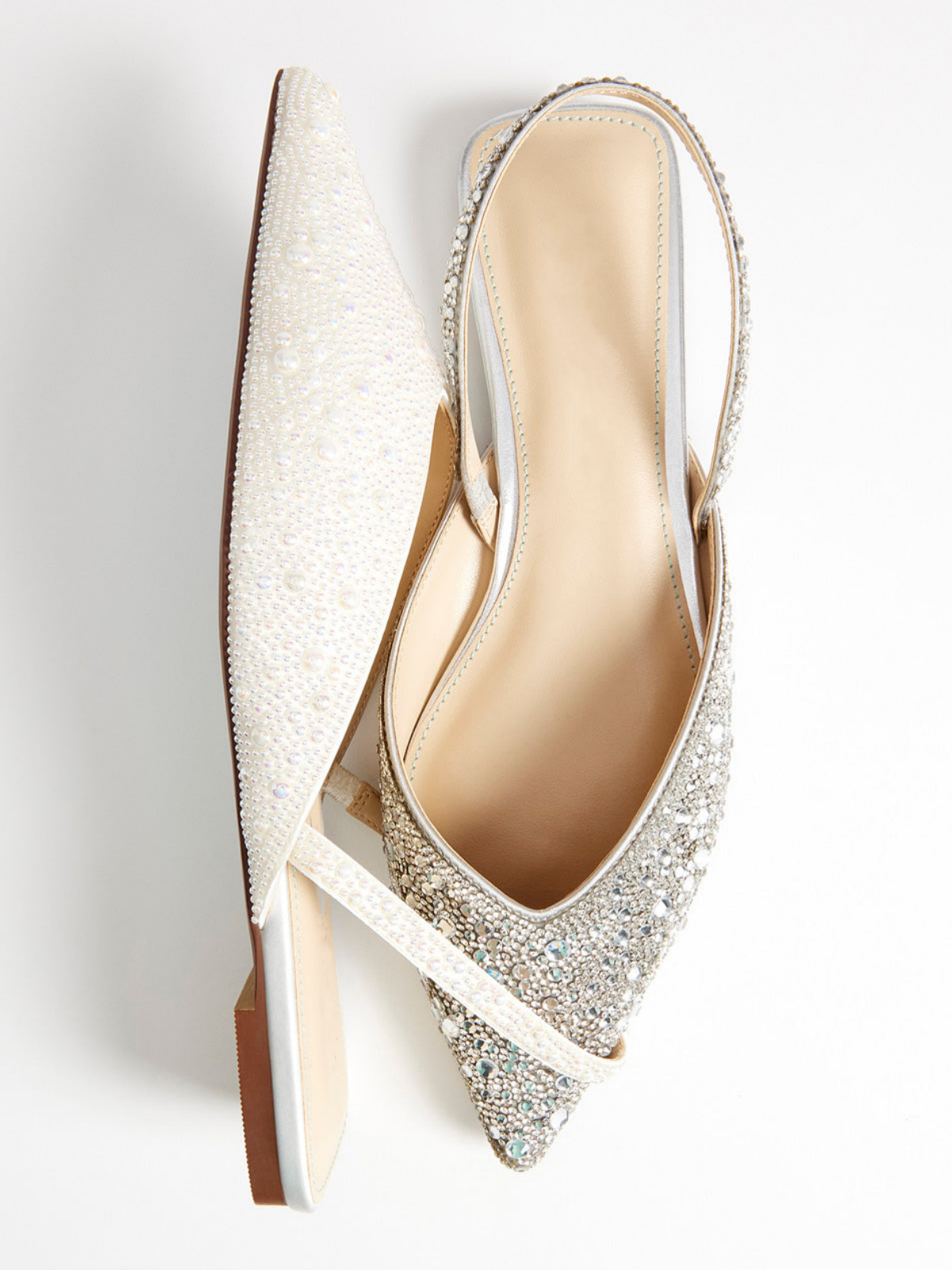 Metallic Silver Pointed-Toe Rhinestone Slingback Ballet Flats