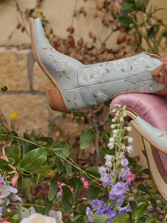 Powder Blue Snip-Toe Rose Embroidery Mid Calf Cowgirl Boots